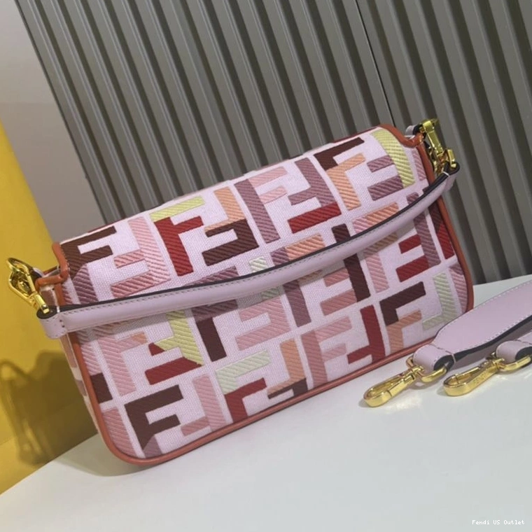 Affordable HOT Pink Multi Motif Bag Medium In Fendi FF Canvas Baguette 0809